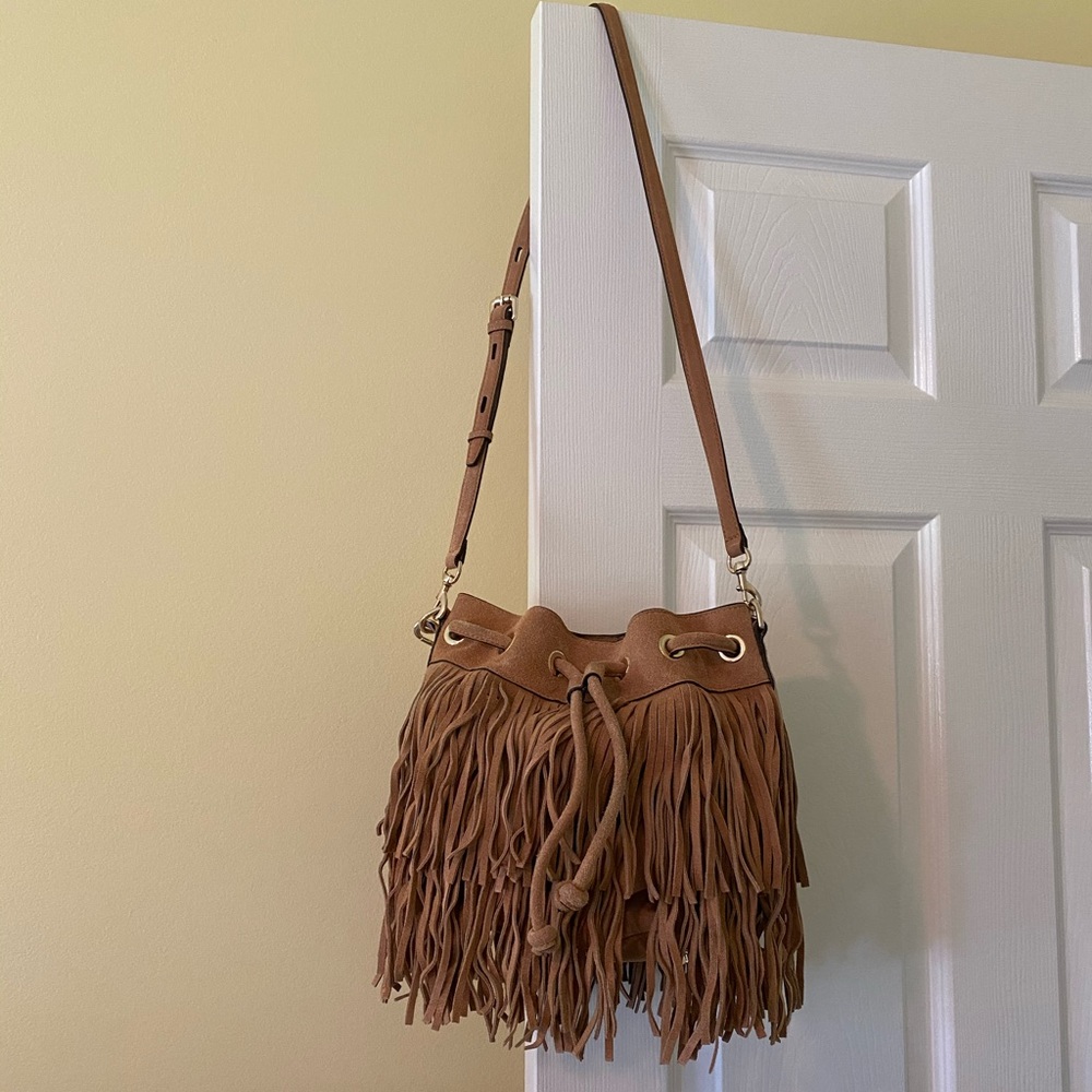 Rebecca Minkoff tan suede fringe bucket bag